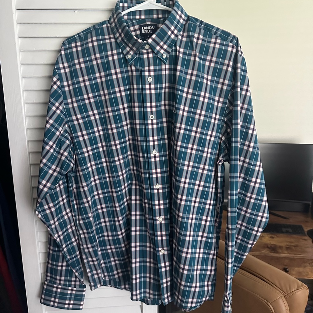 Lands' End Men's Teal and White Plaid Shirt